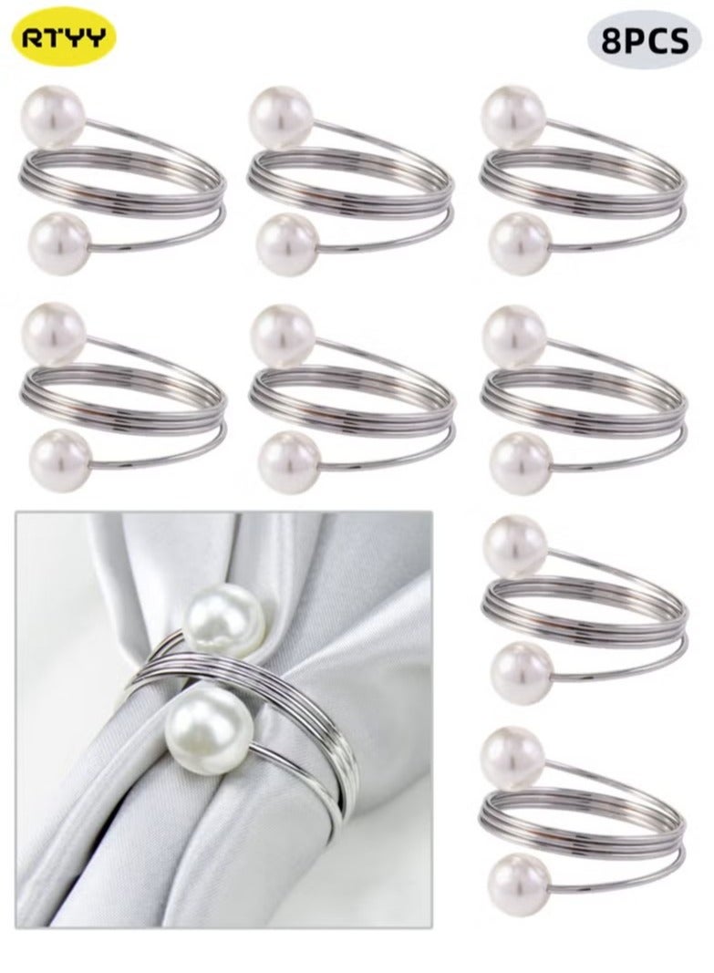 8Pcs Silver Pearl Napkin Rings Retro And Simple Style Silver Napkin Ring Pearls，Silver Metal Electroplated Napkin Rings For Family Dinner Wedding Table Decoration Birthday Party Decoration  - Image 1