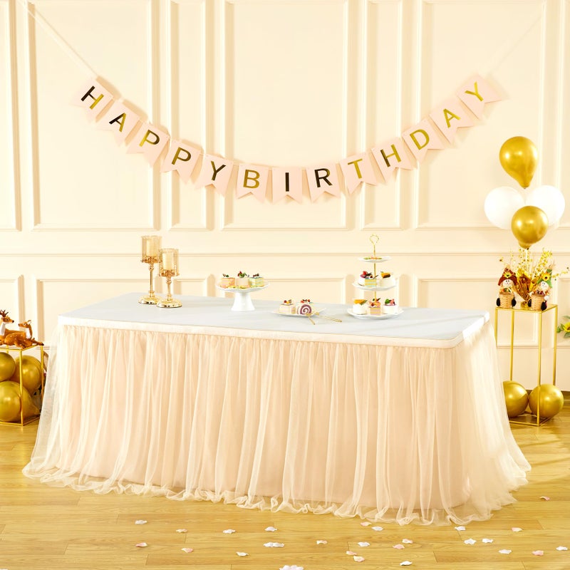 Suppromo 14ft Champagne Table Skirts for Rectangle Tables or Round Tables Champagne Tulle Tutu Table Cloths Cover for Birthday Party Wedding Baby Shower Dessert Cake Table Decorations - Image 3