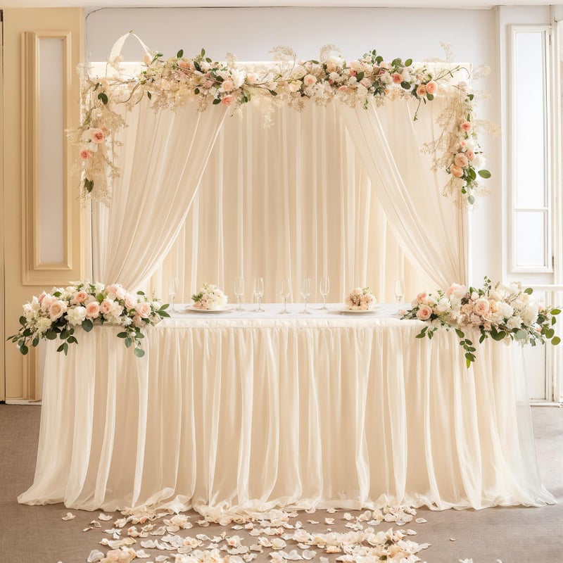 Suppromo 14ft Champagne Table Skirts for Rectangle Tables or Round Tables Champagne Tulle Tutu Table Cloths Cover for Birthday Party Wedding Baby Shower Dessert Cake Table Decorations - Image 1