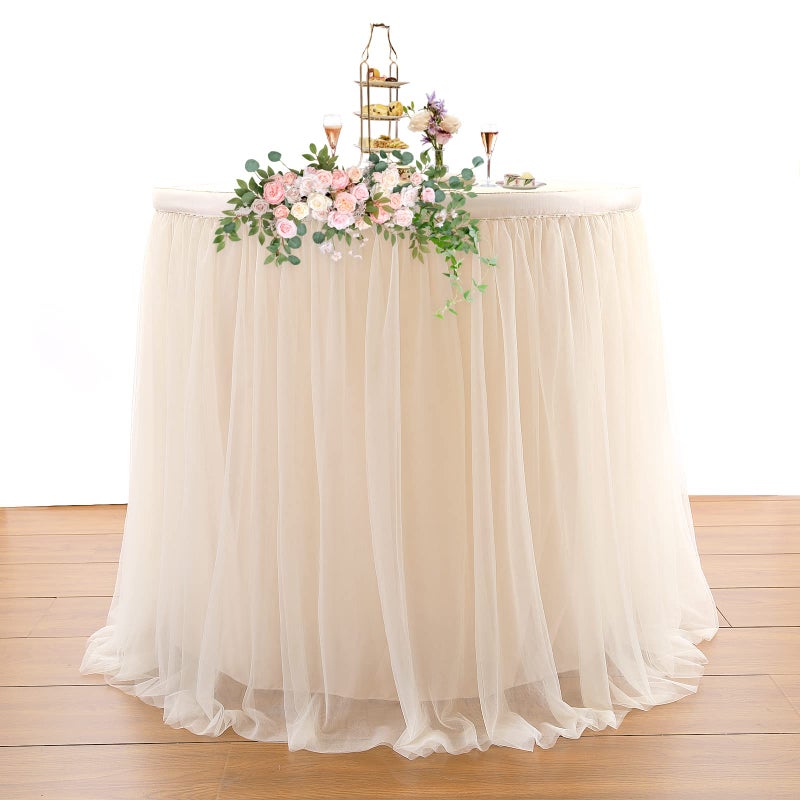 Suppromo 14ft Champagne Table Skirts for Rectangle Tables or Round Tables Champagne Tulle Tutu Table Cloths Cover for Birthday Party Wedding Baby Shower Dessert Cake Table Decorations - Image 4