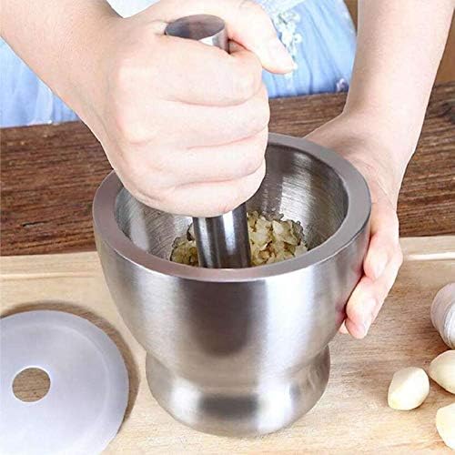 AJARVAR Manual Grinder 304 Stainless Steel Garlic Masher Masher Medicine Pot Mortar Pestle Mill Grinder Crushing Bowl Stainless Steel Mortar and Pestle Manually Grind Spices Garlic Press - Image 4