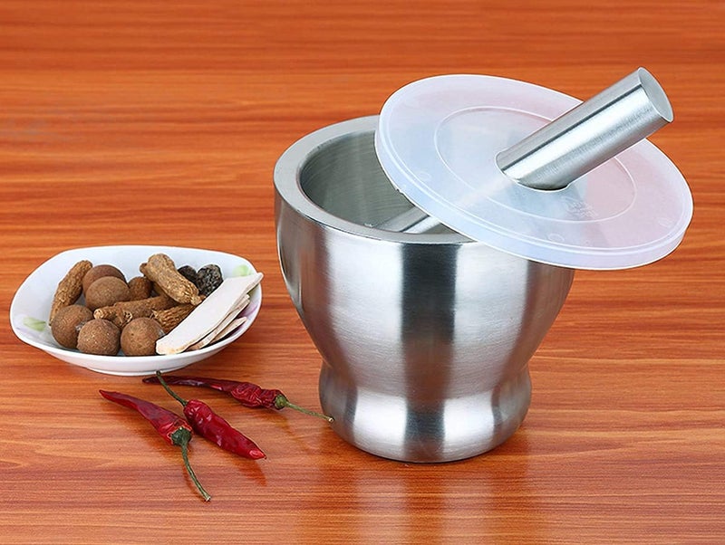 AJARVAR Manual Grinder 304 Stainless Steel Garlic Masher Masher Medicine Pot Mortar Pestle Mill Grinder Crushing Bowl Stainless Steel Mortar and Pestle Manually Grind Spices Garlic Press - Image 3