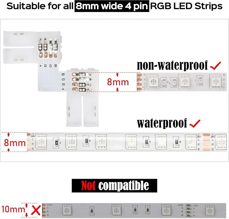 JACKYLED L Shape 8mm 4-Pin LED Strip Connectors 10-Pack Total 32pcs, Unwired Solderless LED Light Connectors for 8mm Wide 4-Pin Strip Lights - 8mm 4pin 10 Pack - Image 3