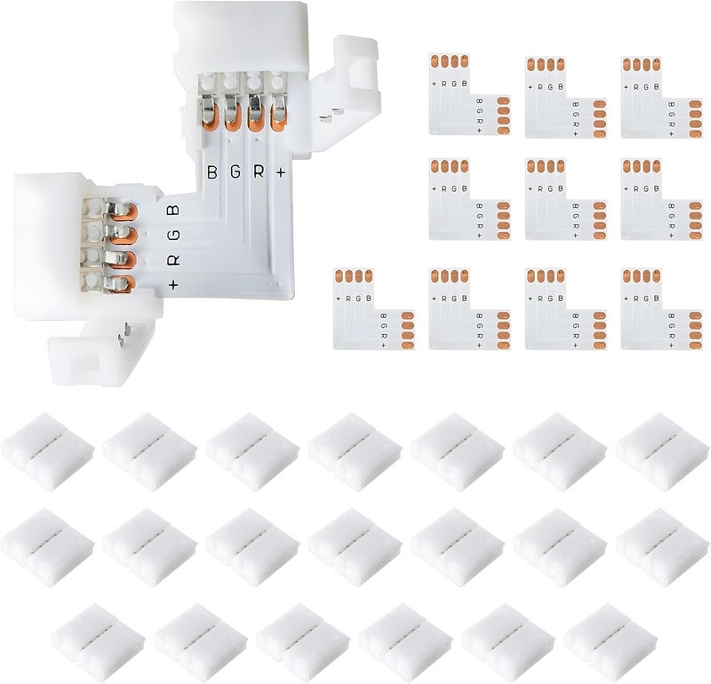 JACKYLED L Shape 8mm 4-Pin LED Strip Connectors 10-Pack Total 32pcs, Unwired Solderless LED Light Connectors for 8mm Wide 4-Pin Strip Lights - 8mm 4pin 10 Pack - Image 1