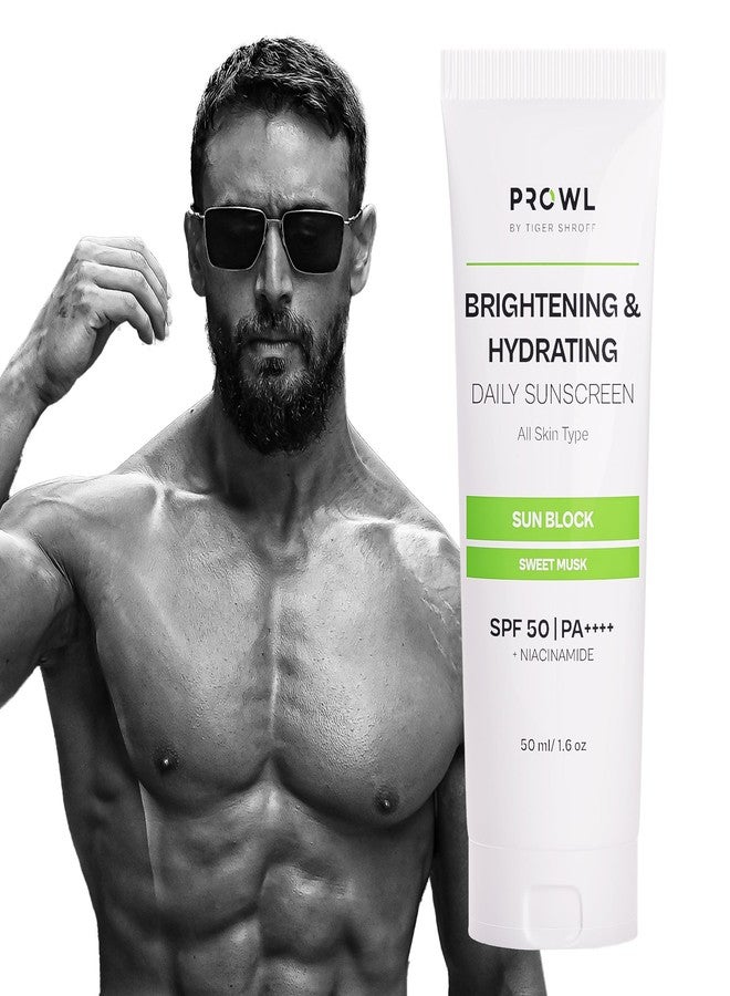 PROWL Brightening and Hydrating Sunscreen SPF 50+ PA++++ with Niacinamide for Oily, Dry, Acne-Prone Skin for Men Sun Protection No White Cast Lightweight Non-Greasy Texture Gel Sweet Musk Scent-50ml - Image 1