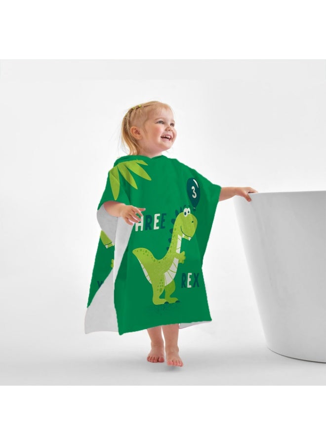 Kids' Hooded Poncho Towel, Dinosaur T-Rex "THREE REX" Print, Quick-Drying & Absorbent - Image 1