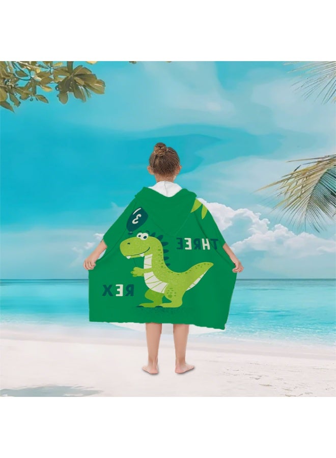 Kids' Hooded Poncho Towel, Dinosaur T-Rex "THREE REX" Print, Quick-Drying & Absorbent - Image 4