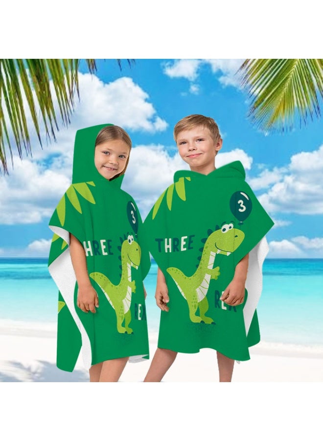 Kids' Hooded Poncho Towel, Dinosaur T-Rex "THREE REX" Print, Quick-Drying & Absorbent - Image 2