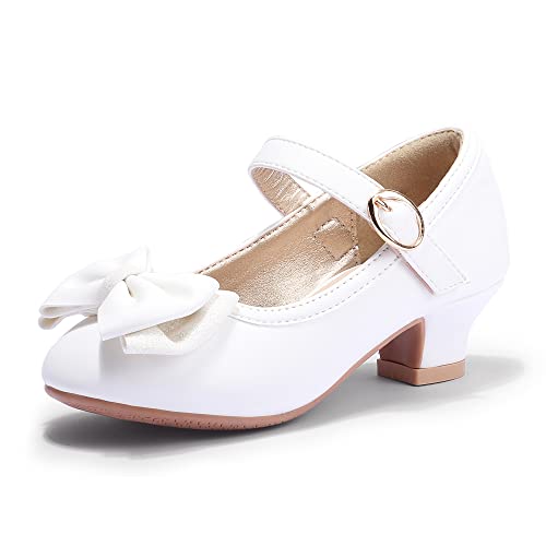 PANDANINJIA Girls Dress Shoes Toddler Heels Ruby Bow Mary Jane Low Heels Flower Girl Party Pumps Wedding Princess Shoes for Toddler/Little Kid/Big Kid (White Pu, 10 M US Toddler) - Image 1