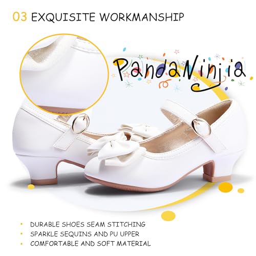 PANDANINJIA Girls Dress Shoes Toddler Heels Ruby Bow Mary Jane Low Heels Flower Girl Party Pumps Wedding Princess Shoes for Toddler/Little Kid/Big Kid (White Pu, 10 M US Toddler) - Image 4