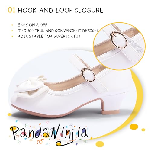 PANDANINJIA Girls Dress Shoes Toddler Heels Ruby Bow Mary Jane Low Heels Flower Girl Party Pumps Wedding Princess Shoes for Toddler/Little Kid/Big Kid (White Pu, 10 M US Toddler) - Image 2