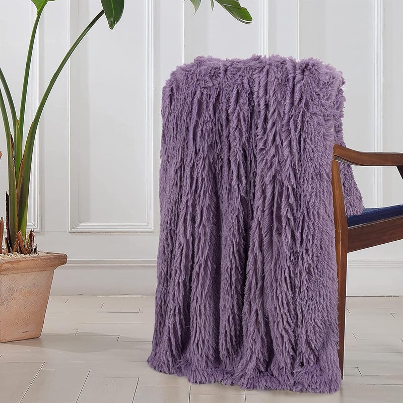 Tuddrom Decorative Extra Soft Fuzzy Faux Fur Throw Blanket 50" x 60",Solid Reversible Long Hair Shaggy Blanket,Fluffy Plush Comfy Microfiber Fleece Blanket for Couch Sofa Bedroom,Patrican Purple - Image 5