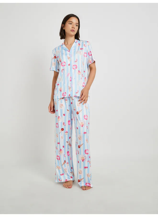 تايك تو Take Two All Over Printed Short Sleeve Shirt and Pyjama Set