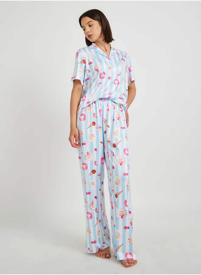 تايك تو Take Two All Over Printed Short Sleeve Shirt and Pyjama Set