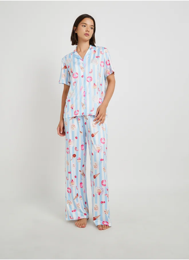 تايك تو Take Two All Over Printed Short Sleeve Shirt and Pyjama Set