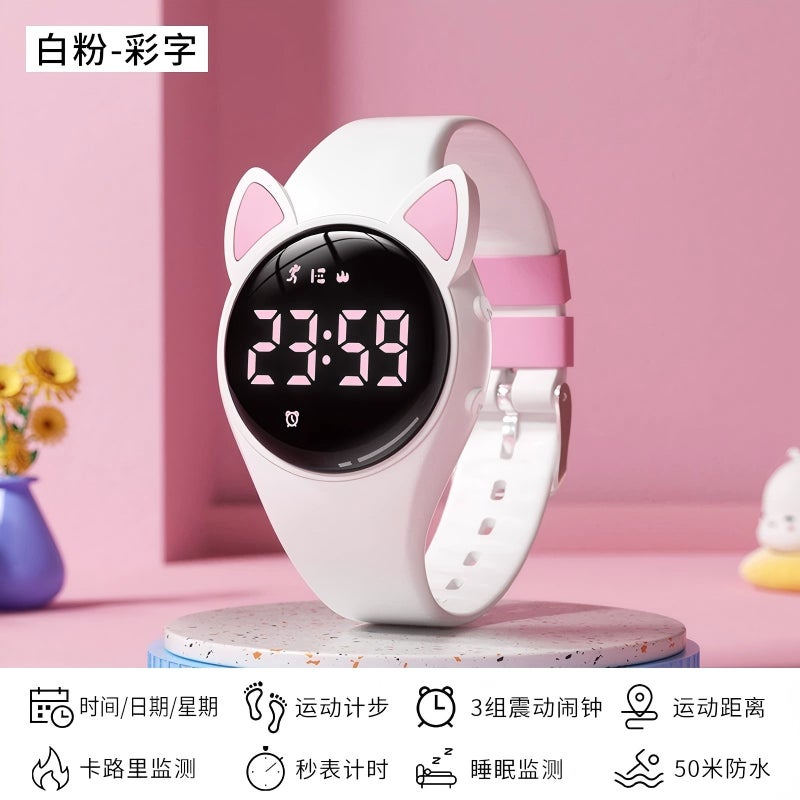 Childrens Watch Girls Primary School Students 2021 New Waterproof Cute Childrens Luminous Bracelet Electronic Watch for Men White Pink-Color Display