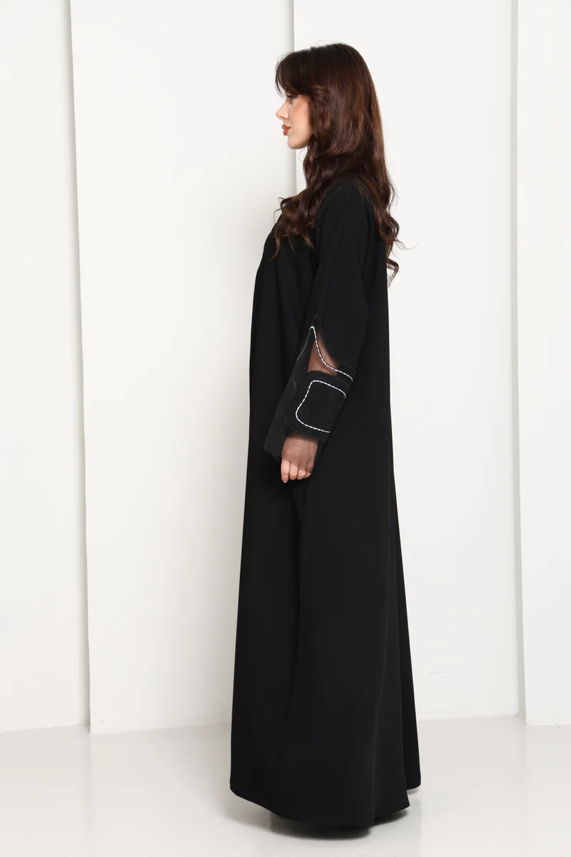 MSquare Fashion Jet Black Closed Abaya with Sheer Sleeves & Contrast Stitch Cuffs