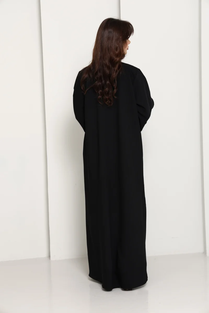 MSquare Fashion  Jet Black Closed Abaya with Sheer Sleeves & Contrast Stitch Cuffs for Women | Best Price UAE