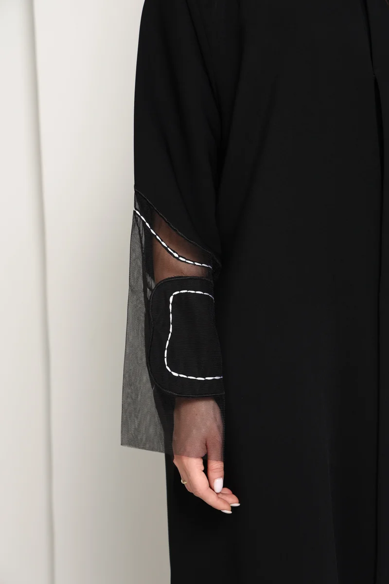 MSquare Fashion  Jet Black Closed Abaya with Sheer Sleeves & Contrast Stitch Cuffs for Women | Best Price UAE