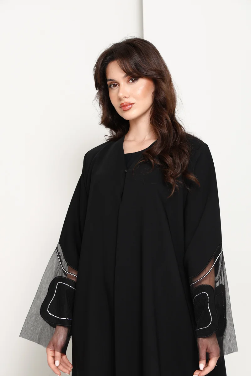 MSquare Fashion  Jet Black Closed Abaya with Sheer Sleeves & Contrast Stitch Cuffs for Women | Best Price UAE