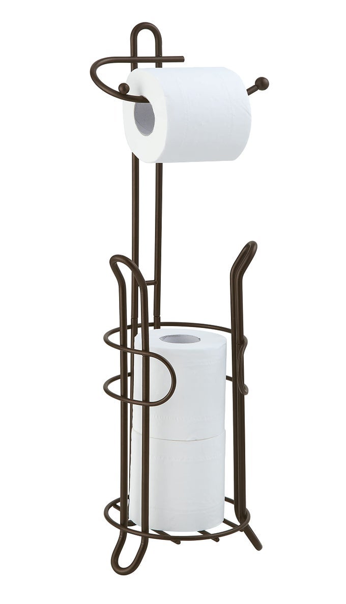 FREESTANDING TOILET PAPER HOLDER WITH STORAGE HOLDS 3 SPARE ROLLS HEAVYDUTY STEEL OIL BRONZE FINISH EASY ASSEMBLY SPACESAVING BATHROOM ORGANIZER