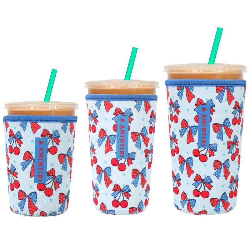 Amintiri 3 Pack Reusable Sleeve For Iced Coffee Cup  Coffee Neoprene Sleeve For Iced&Hot Drinks  Coffee Sleeve Compatible With Starbucks  Dunkin Coffee Cup. (Bow&Patriot) - Image 1