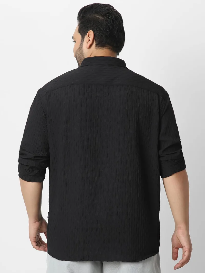 Urbano Fashion  Urbano Plus Men's Black Cotton Full Sleeve Regular Fit Textured Shirt with Spread Collar  | Best Price UAE