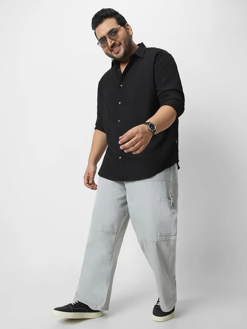 Urbano Fashion  Urbano Plus Men's Black Cotton Full Sleeve Regular Fit Textured Shirt with Spread Collar  | Best Price UAE
