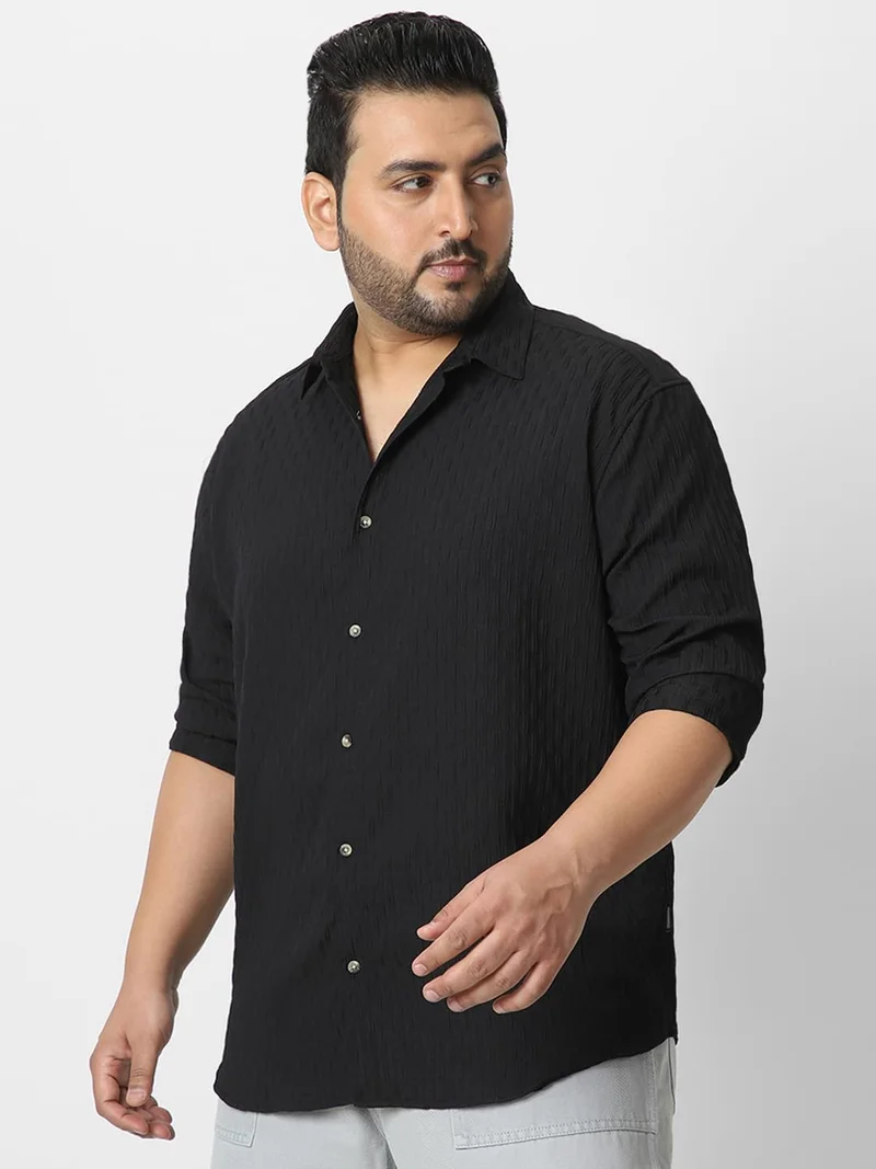 Urbano Fashion  Urbano Plus Men's Black Cotton Full Sleeve Regular Fit Textured Shirt with Spread Collar  | Best Price UAE