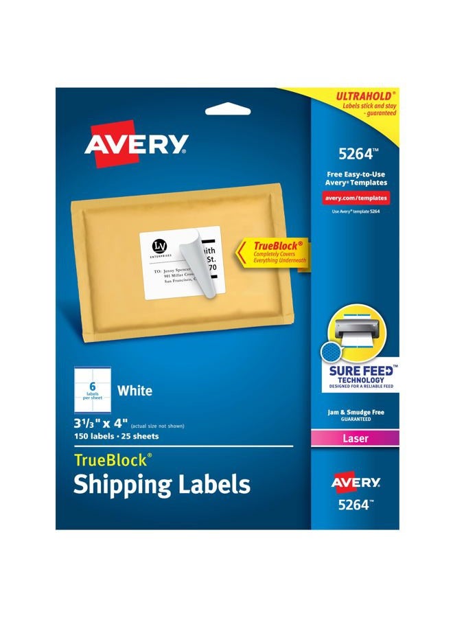 AVERY Avery Printable Shipping Labels with Sure Feed, 3-1/3" x 4", White, 150 Blank Mailing Labels (5264) - Image 1