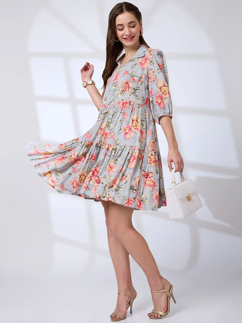 globus Globus Women Shirt Collar Puff Sleeves Floral Print A-Line Mini Fusion Dress