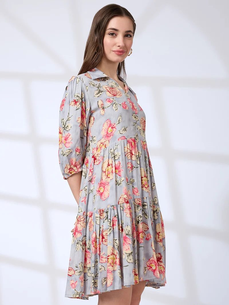 globus Globus Women Shirt Collar Puff Sleeves Floral Print A-Line Mini Fusion Dress