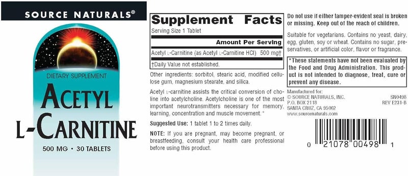 Source Naturals Acetyl LCarnitine 500mg 30 Tablets - Image 4