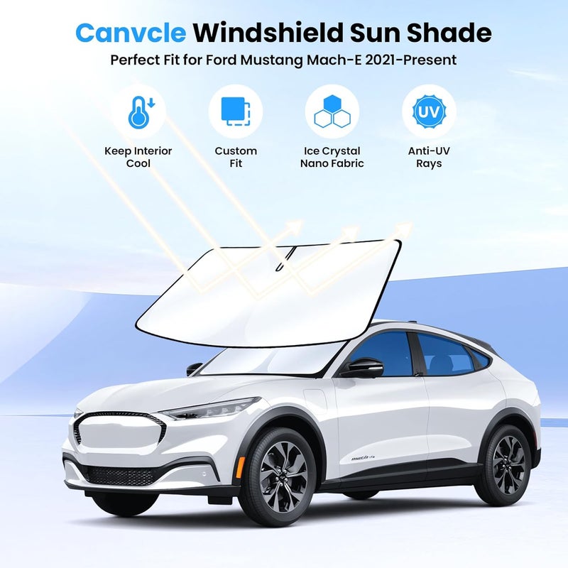 Canvcle ظل شمسي للزجاج الأمامي من لسيارة Ford Mustang Mach-E للأعوام 2021-2026، مكون من طبقتين، يحمي من أشعة الشمس ويبرد السيارة. - Image 2