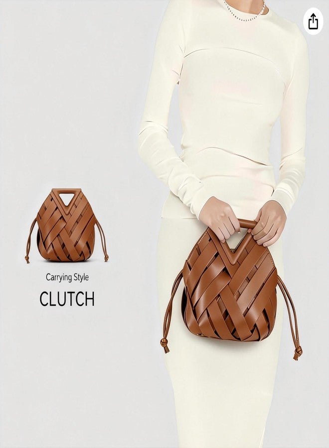 Gimue Vegan Leather Clutch Purses for Women, Woven Bucket Crossbody Shoulder Bag, Cute Top Handle Adjustable Handbags Satchels - Image 2