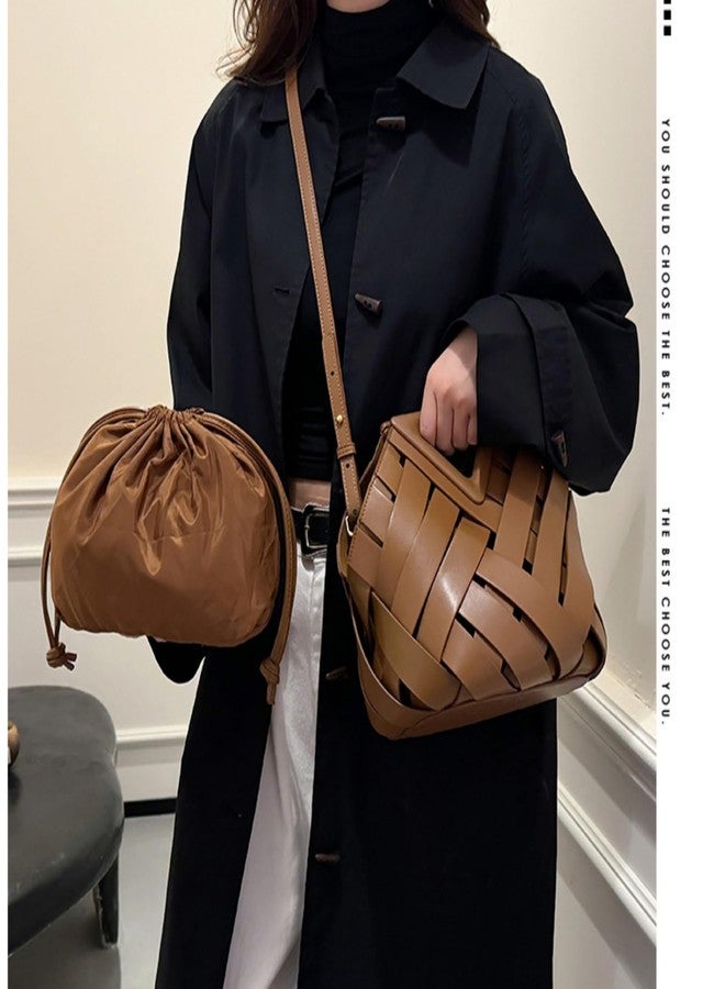 Gimue Vegan Leather Clutch Purses for Women, Woven Bucket Crossbody Shoulder Bag, Cute Top Handle Adjustable Handbags Satchels - Image 3
