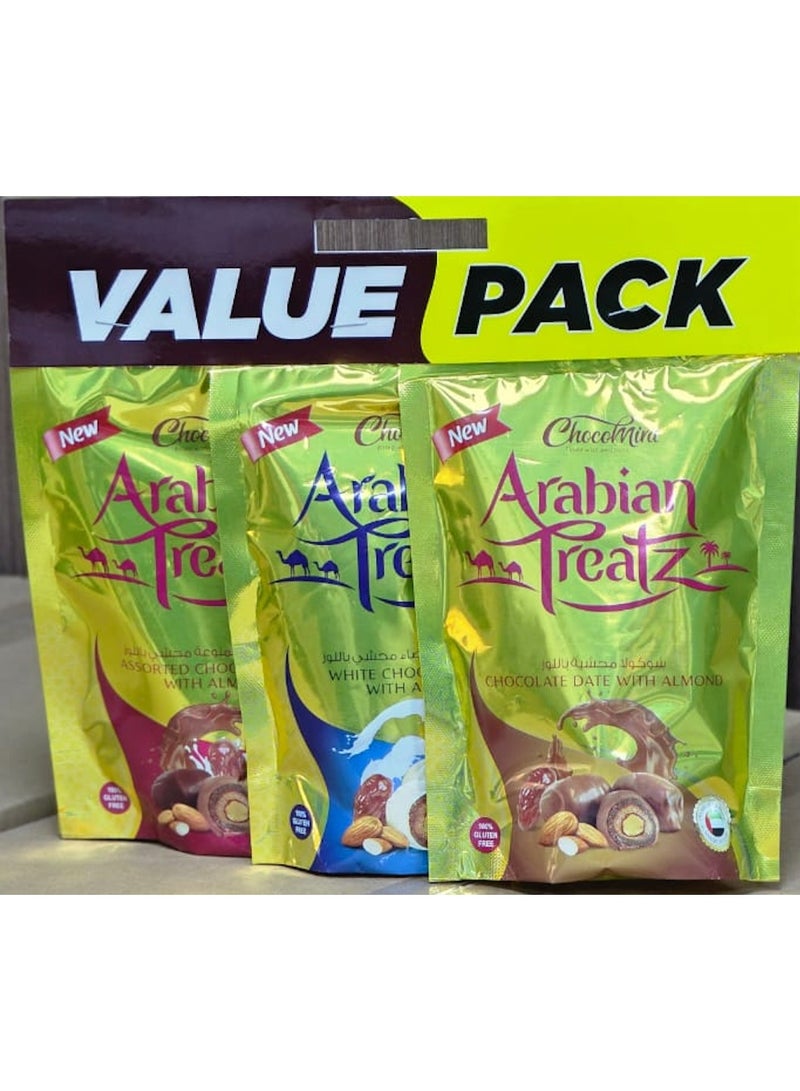 تريتز العربي شوكوميرا العربية - عبوة قيمة من التمر بالشوكولاتة واللوز - خالية من الغلوتين بنسبة 100% - حلوى شرق أوسطية فاخرة - عبوة هدايا - 3 أكياس × 100 غرام