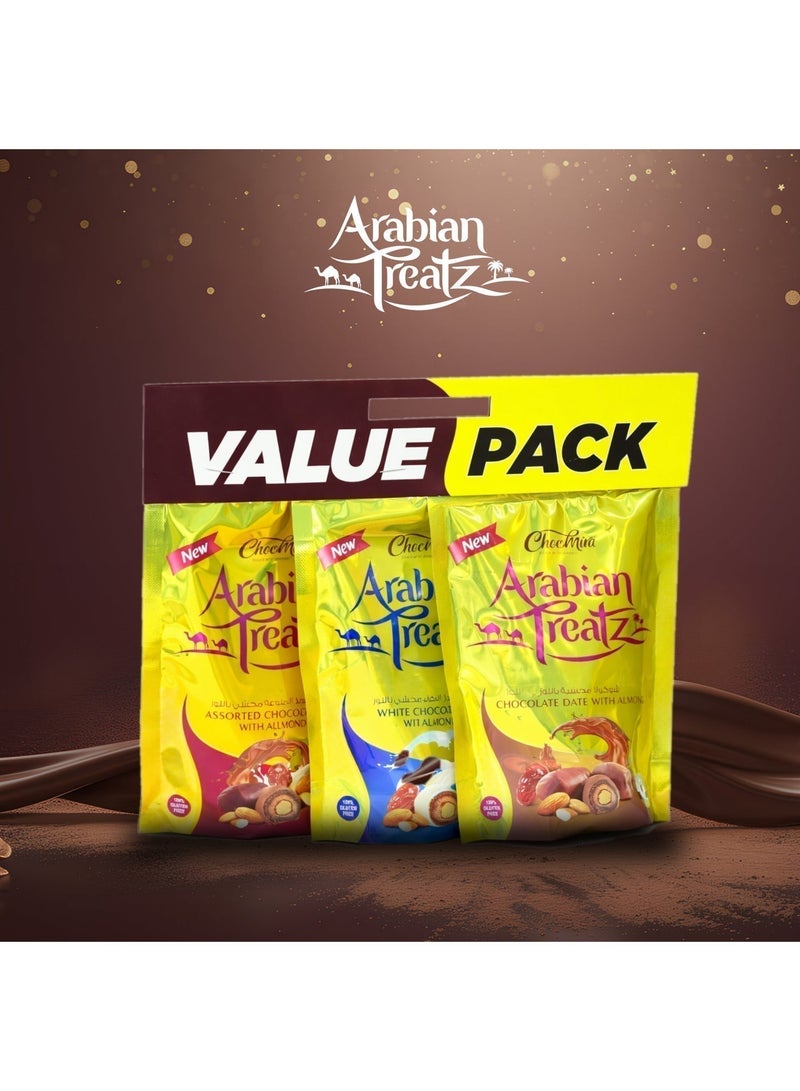 Arabian Treatz Chocomira Arabian Treatz Value Pack – Chocolate Dates with Almonds Assorted – 100% Gluten Free – Premium Middle Eastern Sweets – Gift Pack – 3 x 100g Pouches - Image 5