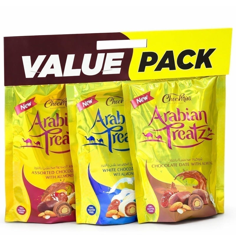 Arabian Treatz Chocomira Arabian Treatz Value Pack – Chocolate Dates with Almonds Assorted – 100% Gluten Free – Premium Middle Eastern Sweets – Gift Pack – 3 x 100g Pouches - Image 4