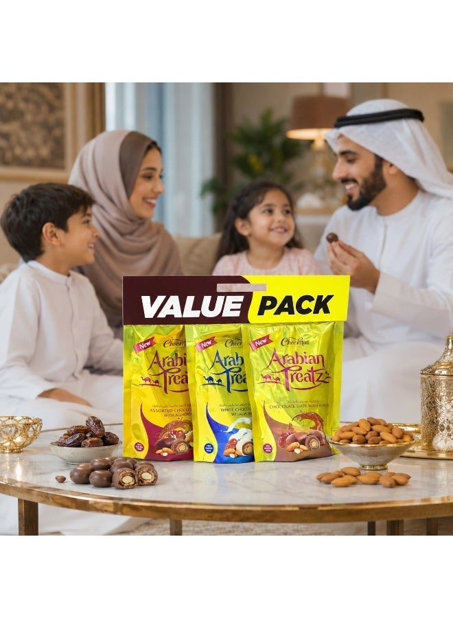 Arabian Treatz Chocomira Arabian Treatz Value Pack – Chocolate Dates with Almonds Assorted – 100% Gluten Free – Premium Middle Eastern Sweets – Gift Pack – 3 x 100g Pouches - Image 1
