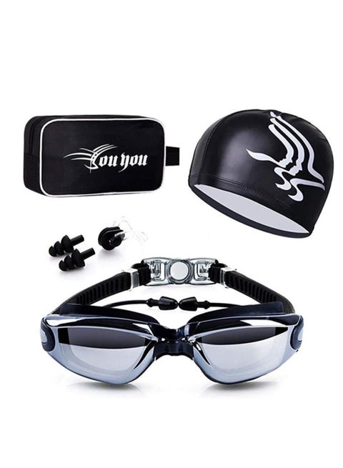 Swim Goggles and Cap Set 4 in 1, UV 400 Protection Lenses Clear Anti-Fog Swimming Goggles Waterproof No Leaking with Nose Clip + Ear Plugs for Adult Men Women