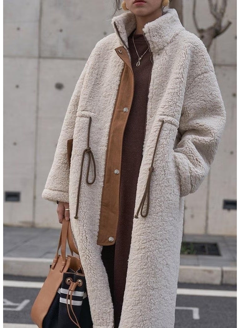 Barbora Plush Waist Laced Winter Women's Zippered Lined Furry Jacket WS02KREM6 - Image 1