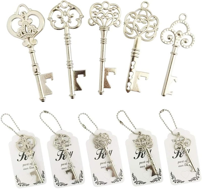 WODEGIFT 50pcs Vintage Skeleton Key Bottle OpenerBridal Shower FavorsWedding Favors Souvenir Gifts with Thank You Escort Tag and Key Chains Silver5 styles