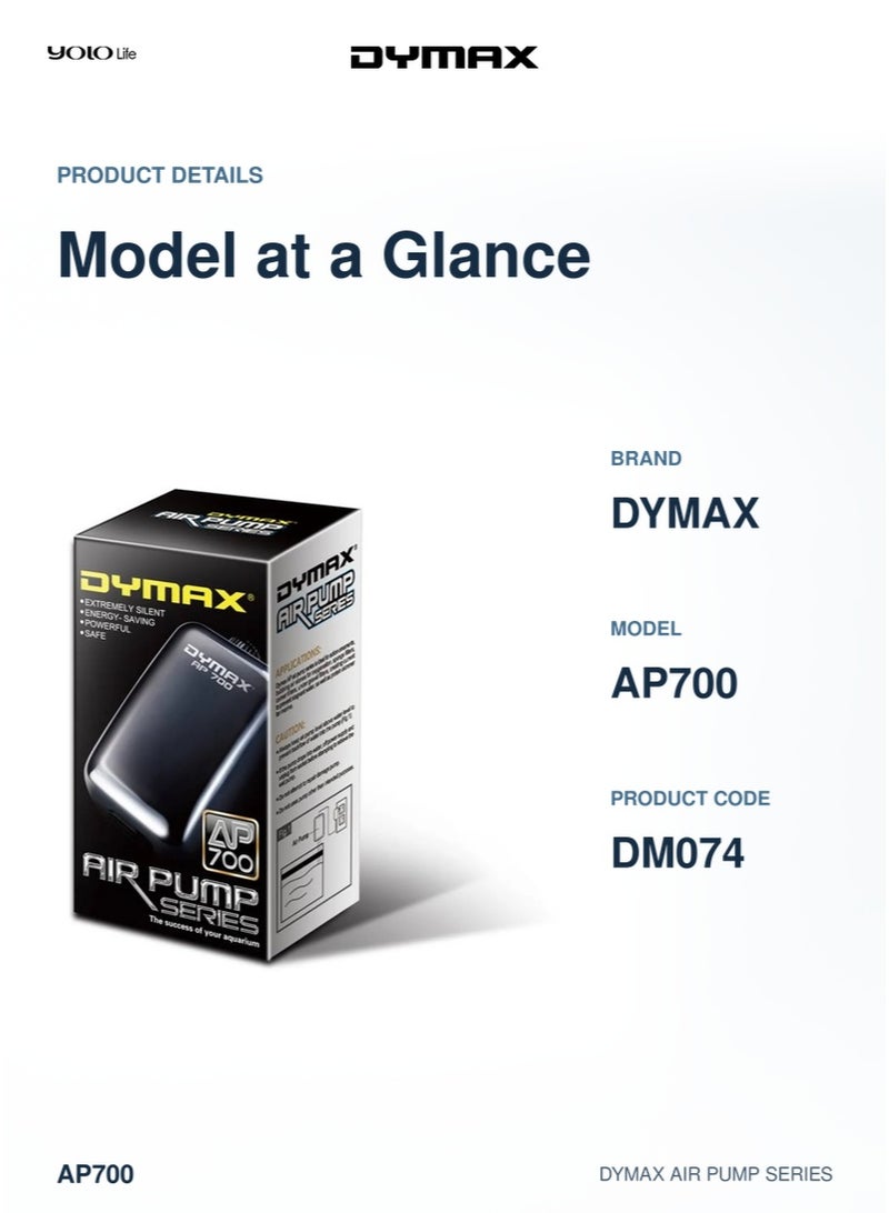 Dymax AP 700 Air Pump, Silent Aquarium Aerator, Advanced Air Compressor, High Efficiency Oxygen Pump for Fish Tank, Aquatic Life, Maintenance - Image 3