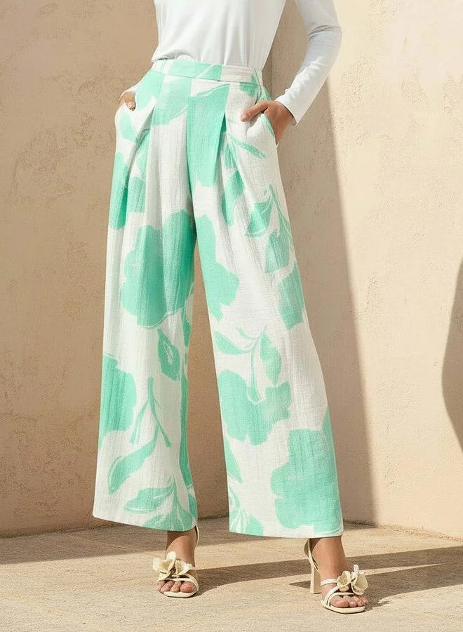 Splash FAV Wide Leg Floral Print Pleated Pants