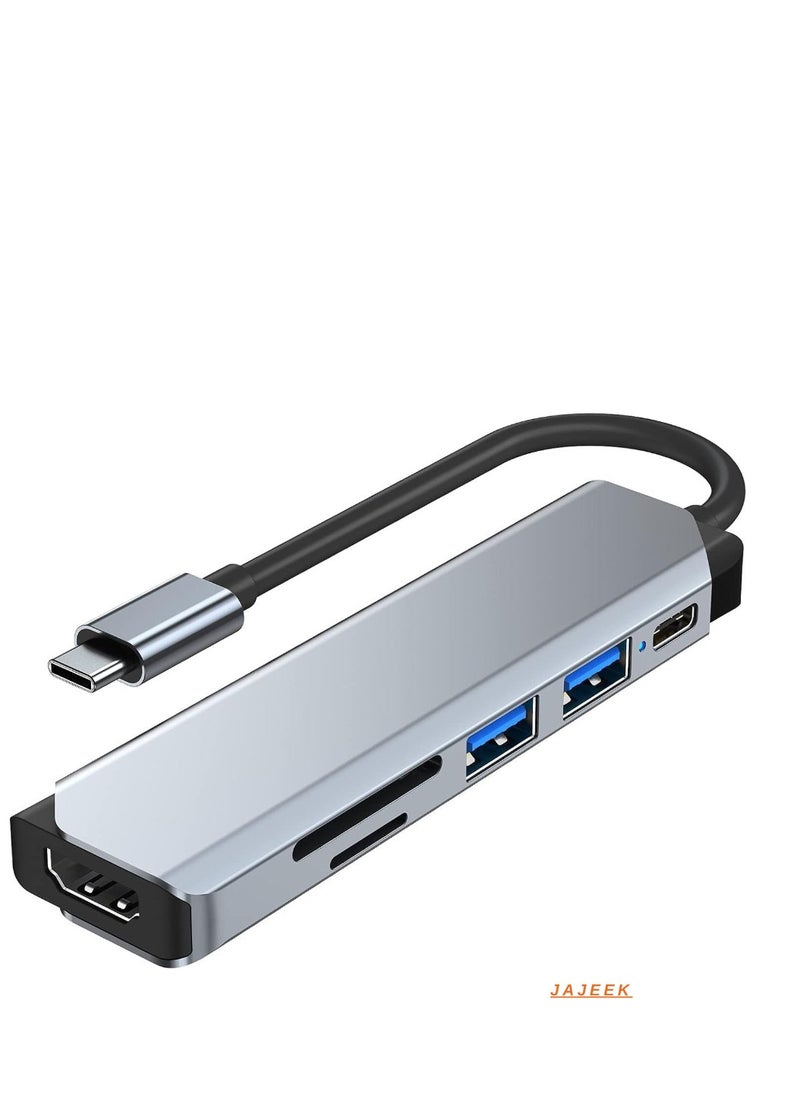 JAJEEK USB C Hub, 6-in-1 USB C Adapter, Multiport Docking Station with USB 3.0, USB 2.0, SD/TF Card Readers, and USB-C Ports for MacBook Pro, Laptops, and Smartphones  - Image 1