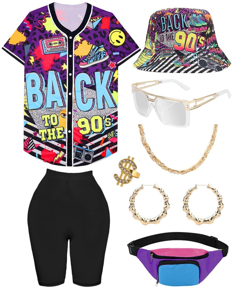 WILDPARTY 80s 90s Outfit for Women Baseball Jersey Shirt Shorts Fanny Pack Retro Party Costume Repper Accessories 1990s 1980s Neon Clothes Purple-90s M - Image 1