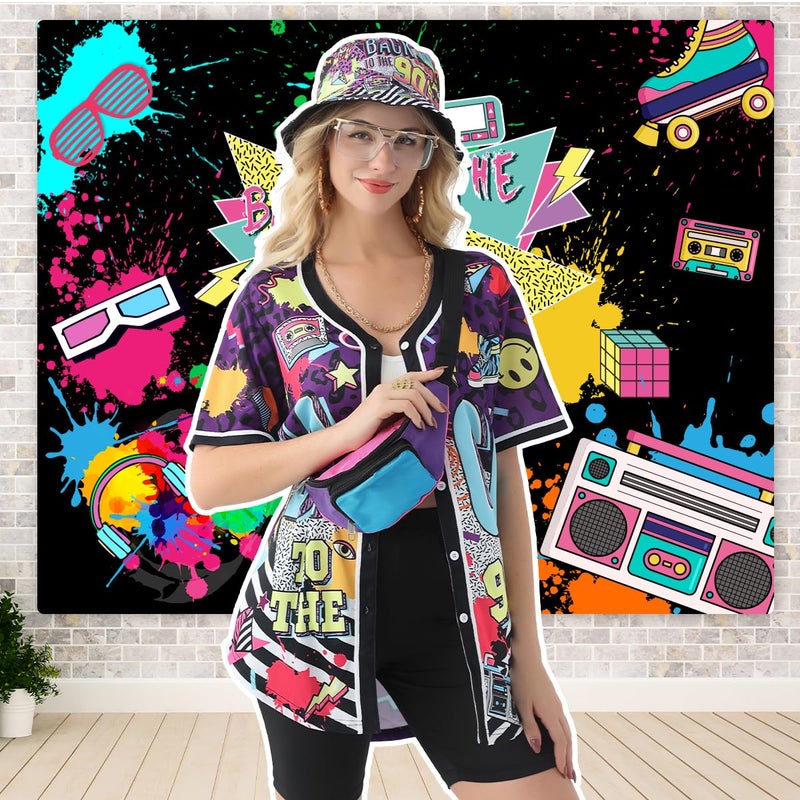 WILDPARTY 80s 90s Outfit for Women Baseball Jersey Shirt Shorts Fanny Pack Retro Party Costume Repper Accessories 1990s 1980s Neon Clothes Purple-90s M - Image 5
