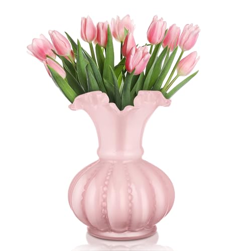 Joeyan Handmade Pink Glass Flower Vase79 Vintage Decorative Urn Vase for Centrepieces Bouquet WeddingColored Thickened Pedestal Decorations for Rustic Home Living Room Office Farmhouse - Image 1