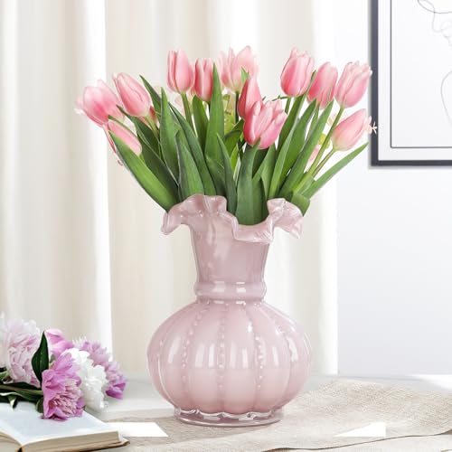 Joeyan Handmade Pink Glass Flower Vase79 Vintage Decorative Urn Vase for Centrepieces Bouquet WeddingColored Thickened Pedestal Decorations for Rustic Home Living Room Office Farmhouse - Image 3